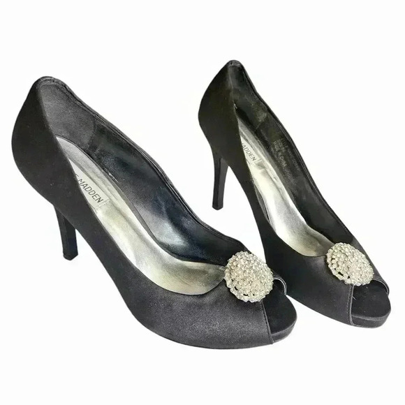 Steve Madden Gossip Heels 8.5 • Black Satin Rhinestone Stilettos - Picture 1 of 10